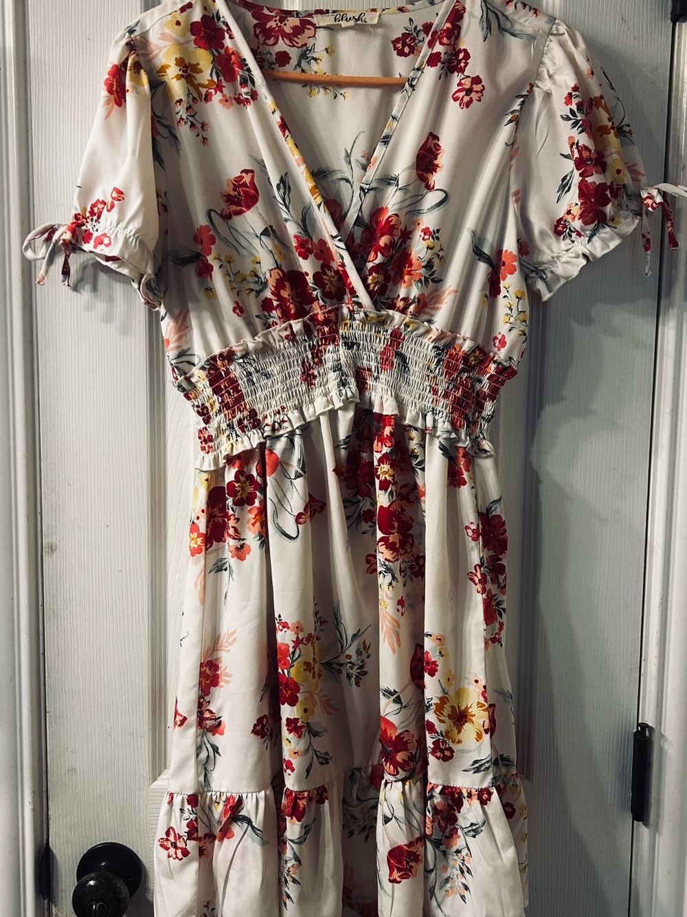 Floral V-Neck Smocked Waist Maxi Dress - White with Red & Yellow Floral